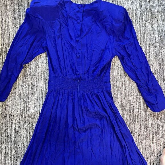 VTG 90s Karin Stevens Dress Blue Midi LS Embroidery Beads Secretary Geek - Picture 8 of 14